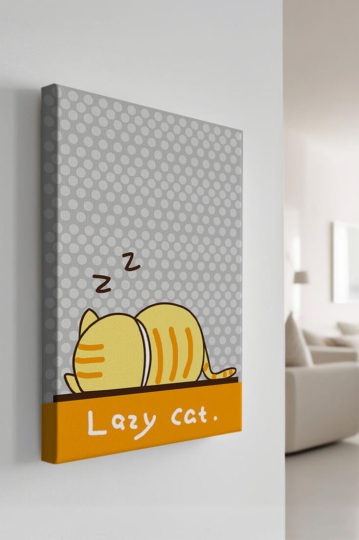 Sleeping cartoon cat with polka dot background