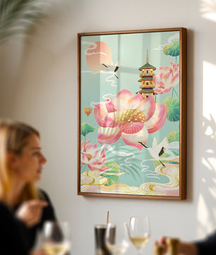 Paysage serein avec des fleurs de lotus et une pagode traditionnelle