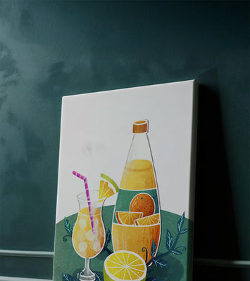 Colorful illustration of citrus drinks with bottle and glass