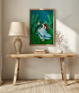 Enchanting fairy in magical wheat field at night