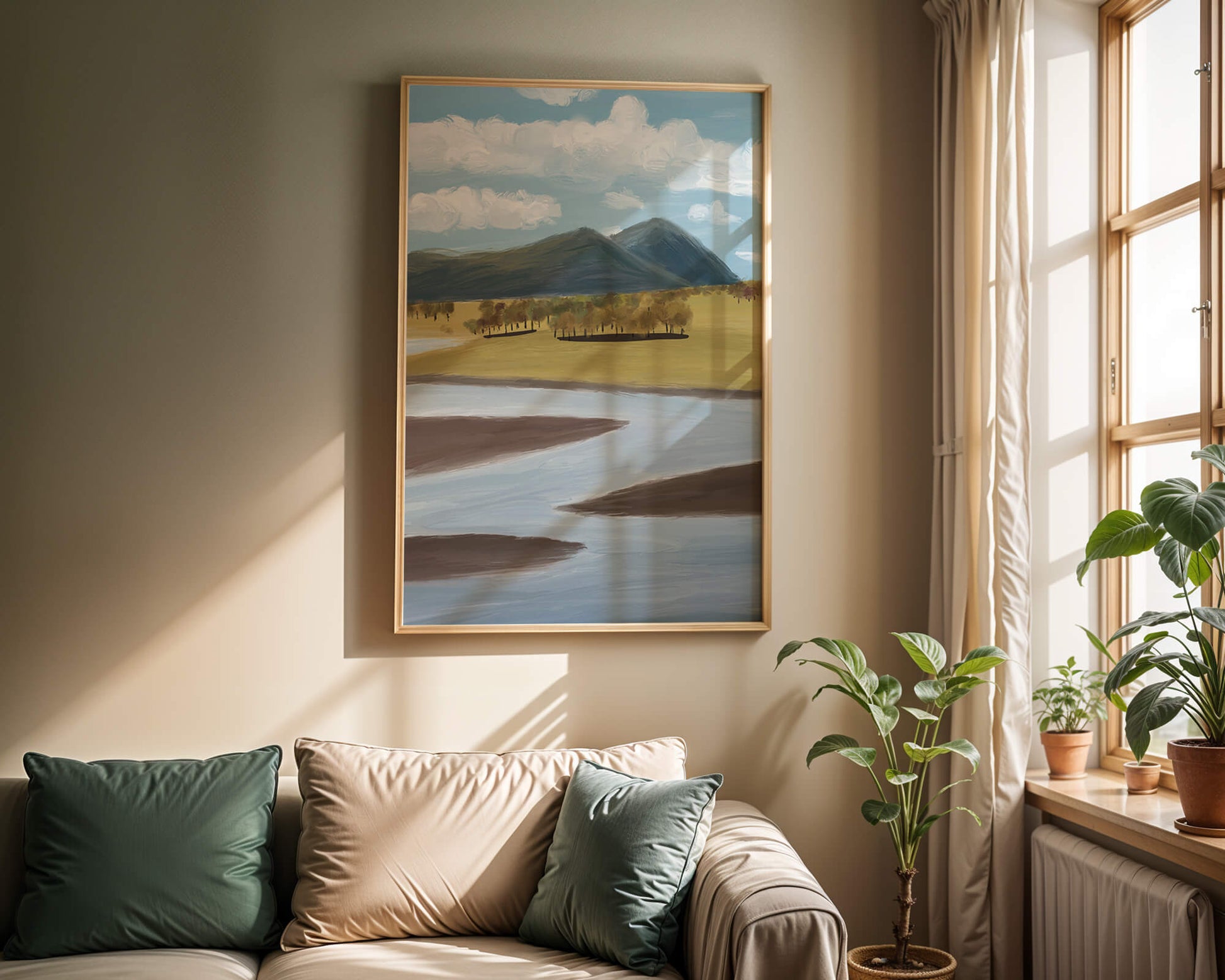 Serene Landscape with Mountains, Trees, and River