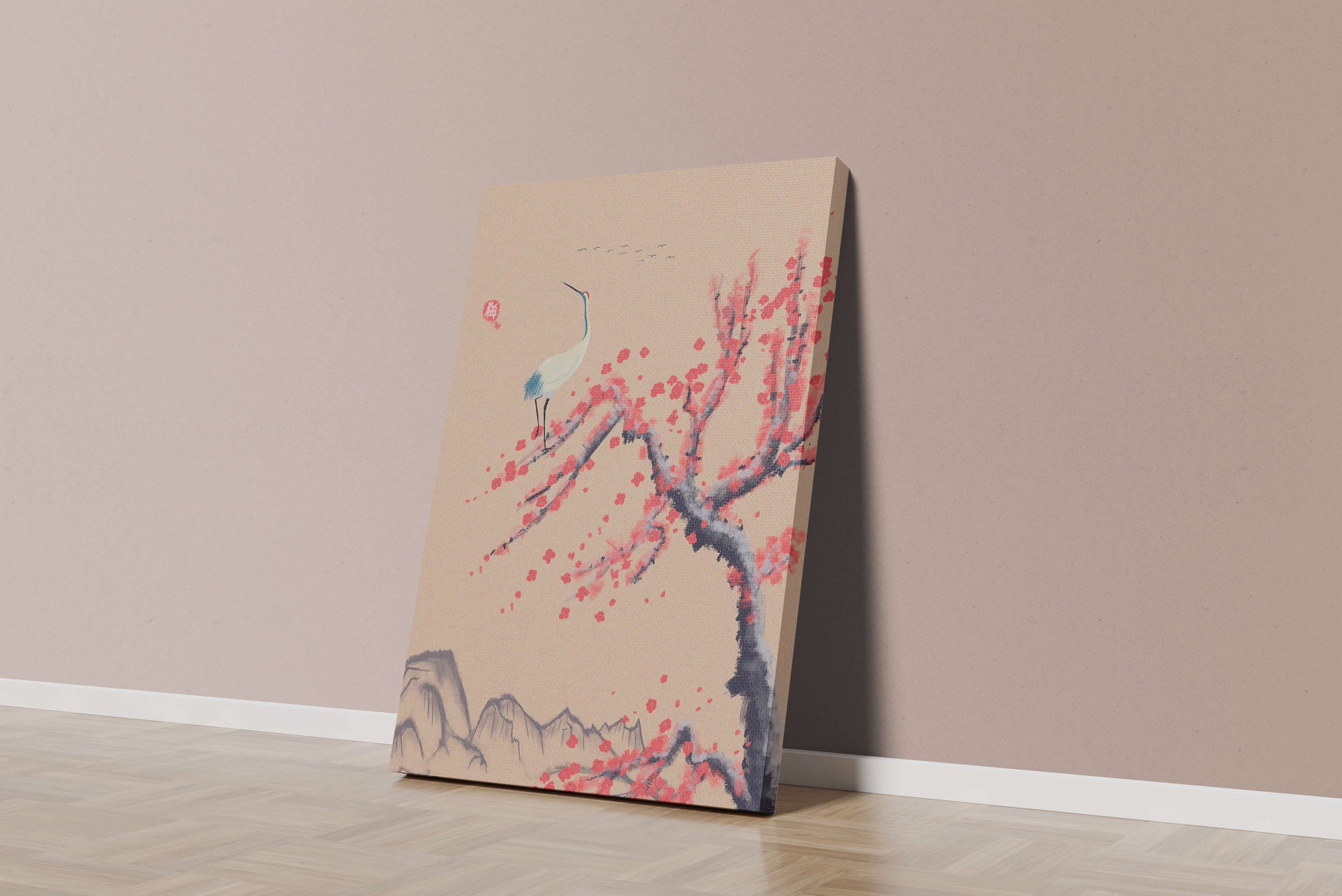 Elegant crane on cherry blossom tree with mountainous background