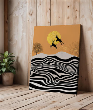 Abstract landscape with jumping deer and golden sun