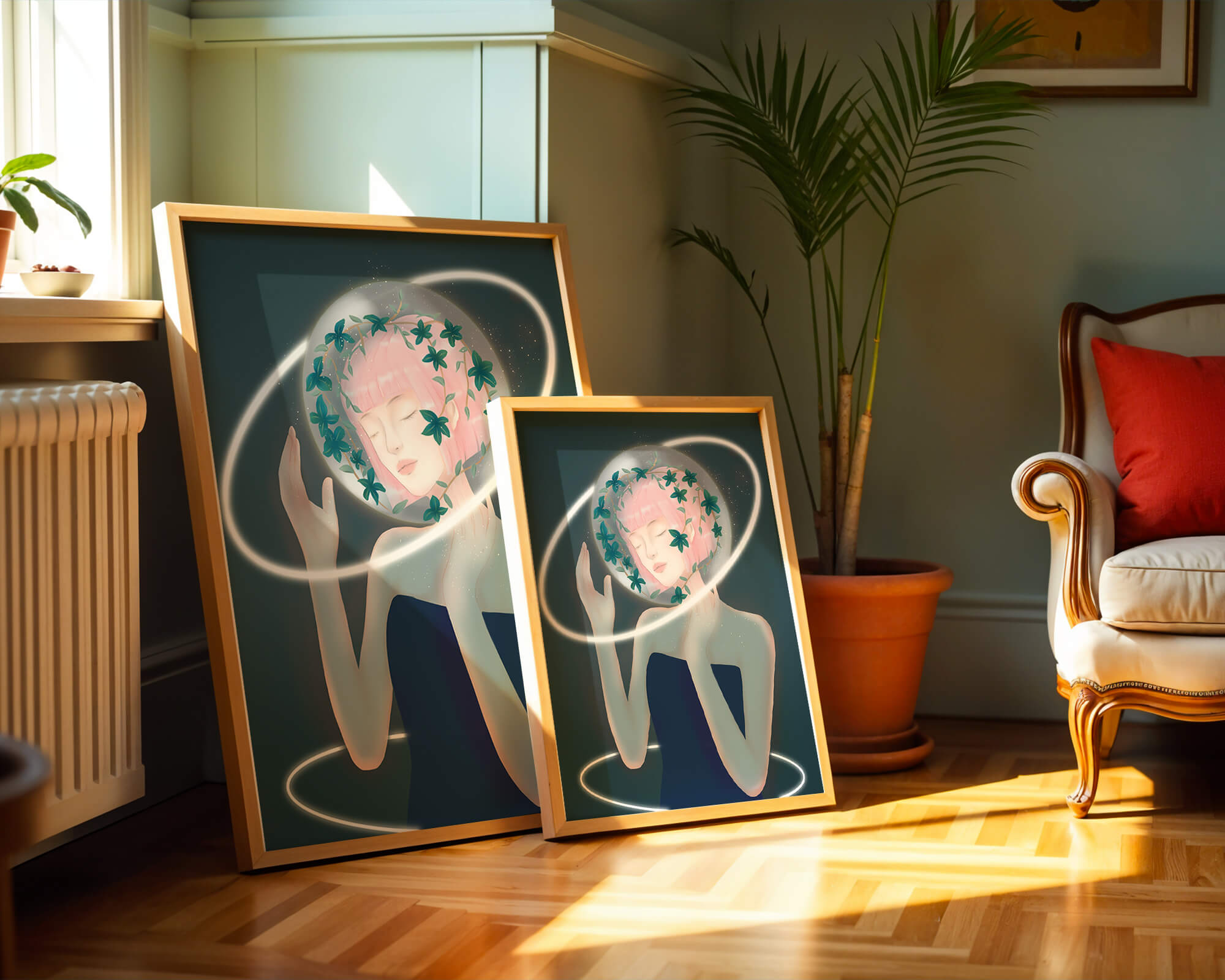 Dreamlike fantasy portrait with ethereal pink-haired figure