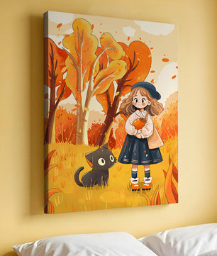 Girl with Cute Cat in Autumn Forest with Colorful Leaves
