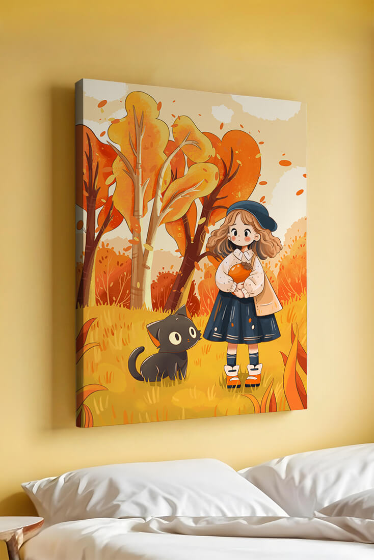 Girl with Cute Cat in Autumn Forest with Colorful Leaves