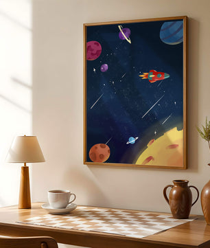 Farbenfrohes Weltraumabenteuer mit Planeten und Raketenillustration