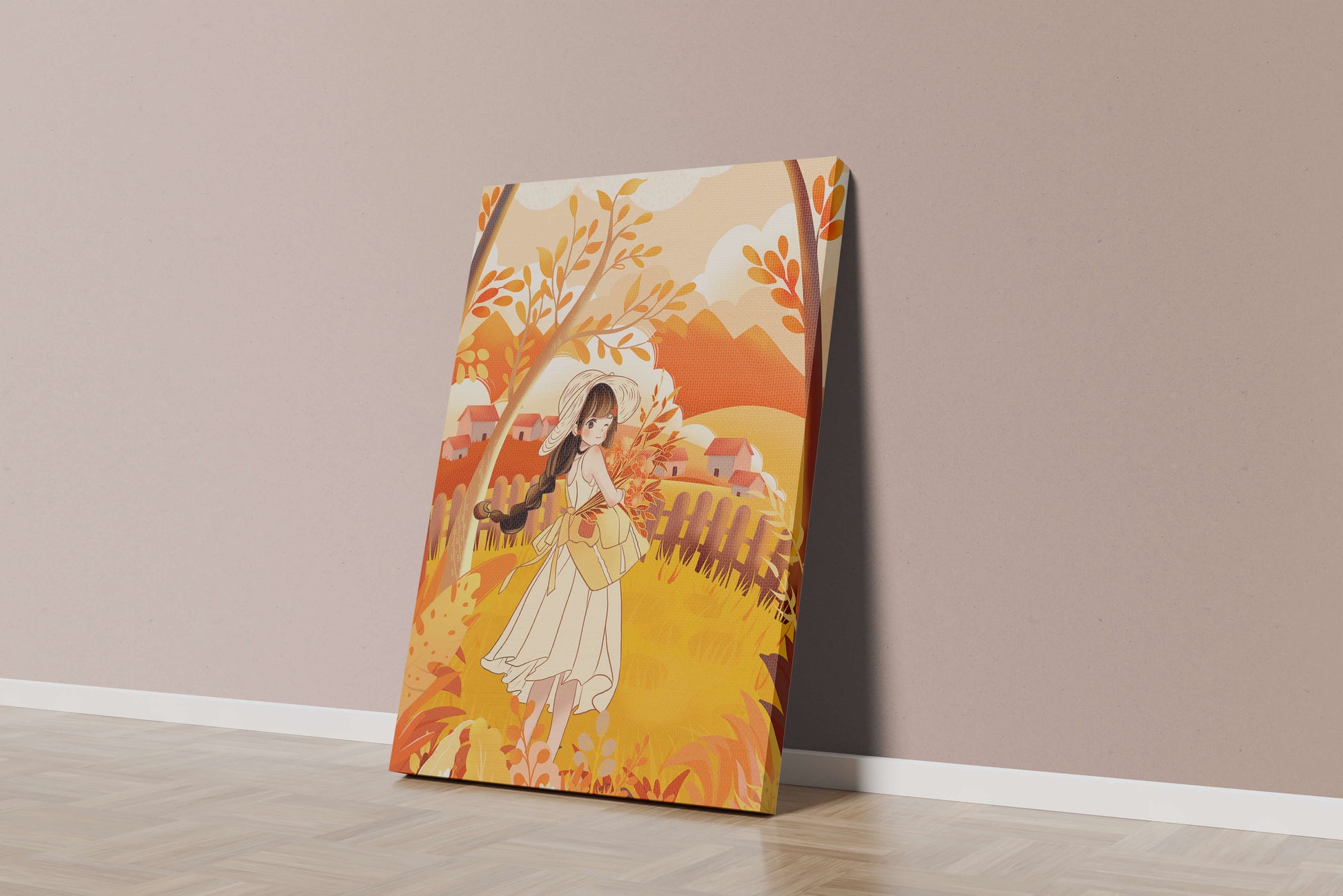 Illustration of a Girl in a Yellow Dress in Autumn Scenery
