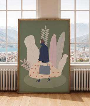 Illustrated woman in polka dot skirt with leafy background design