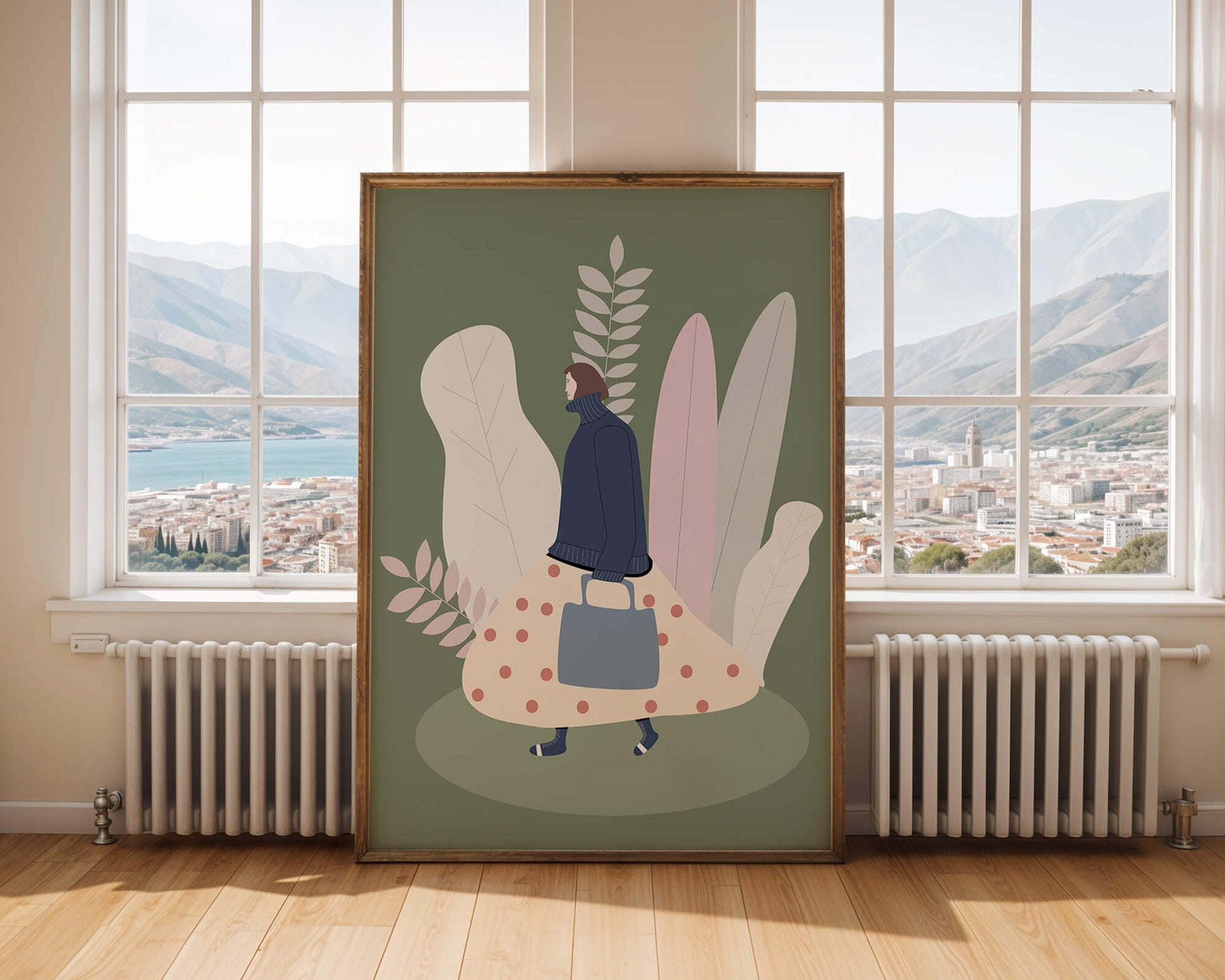Illustrated woman in polka dot skirt with leafy background design