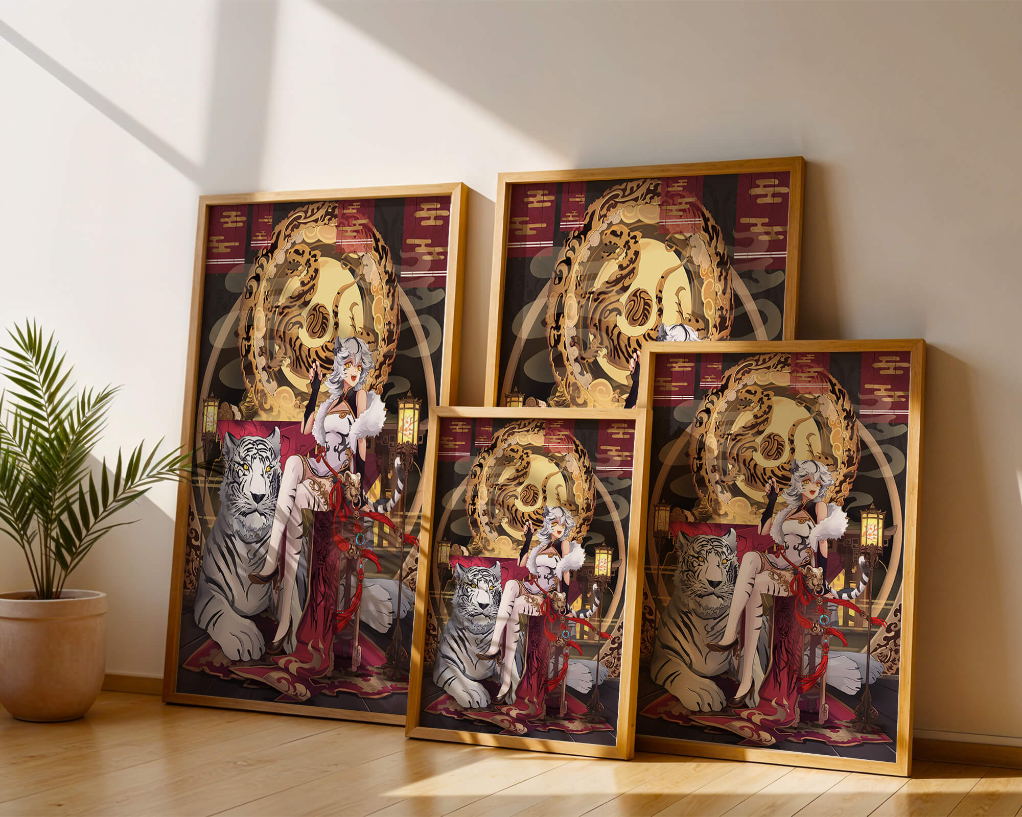 Elegant fantasy character with mystical tiger and ornate decor
