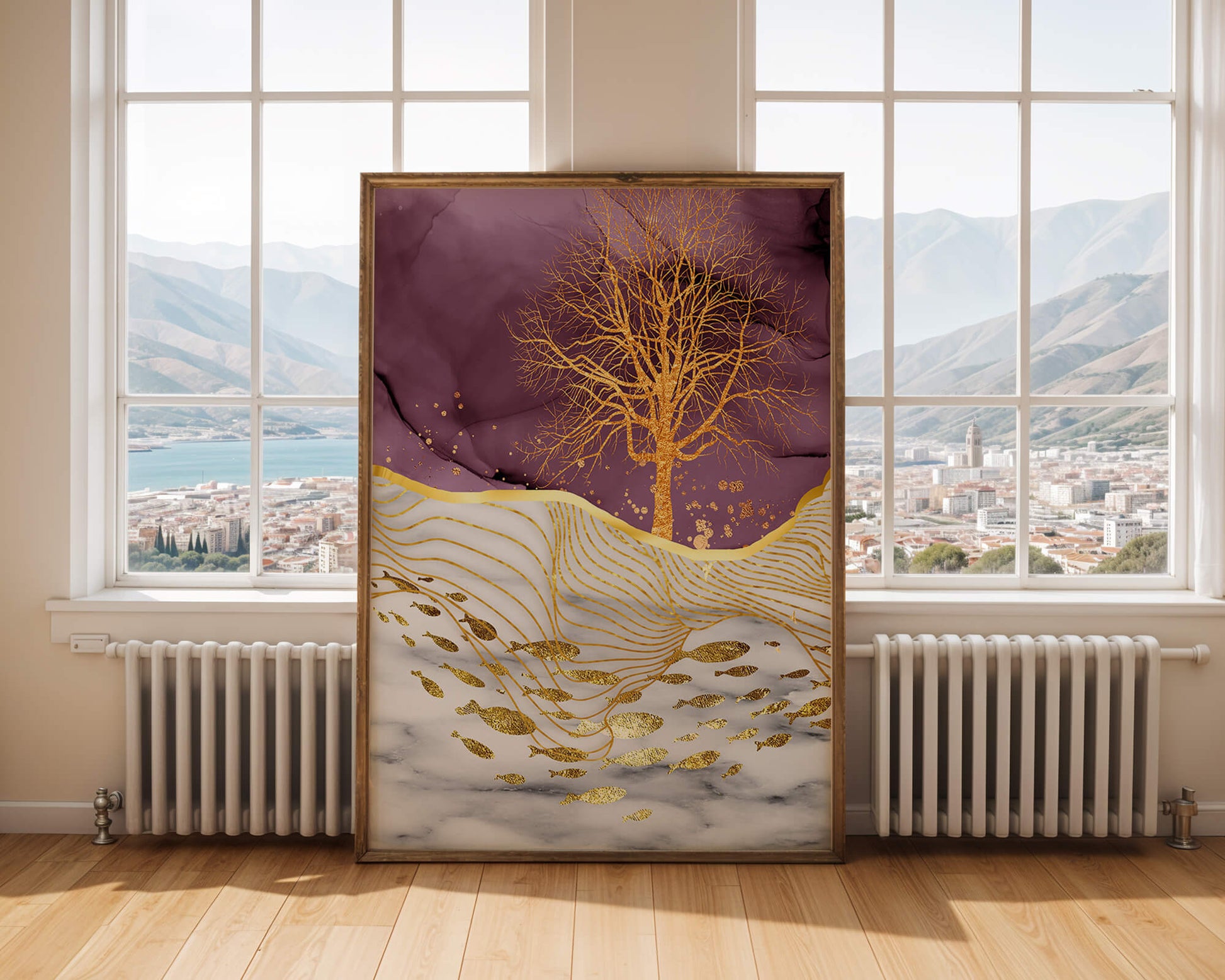 Abstract Tree with Gold Fish on Marble Background