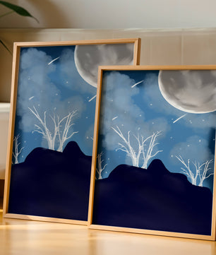 Paysage nocturne d'hiver avec arbres nus et pleine lune