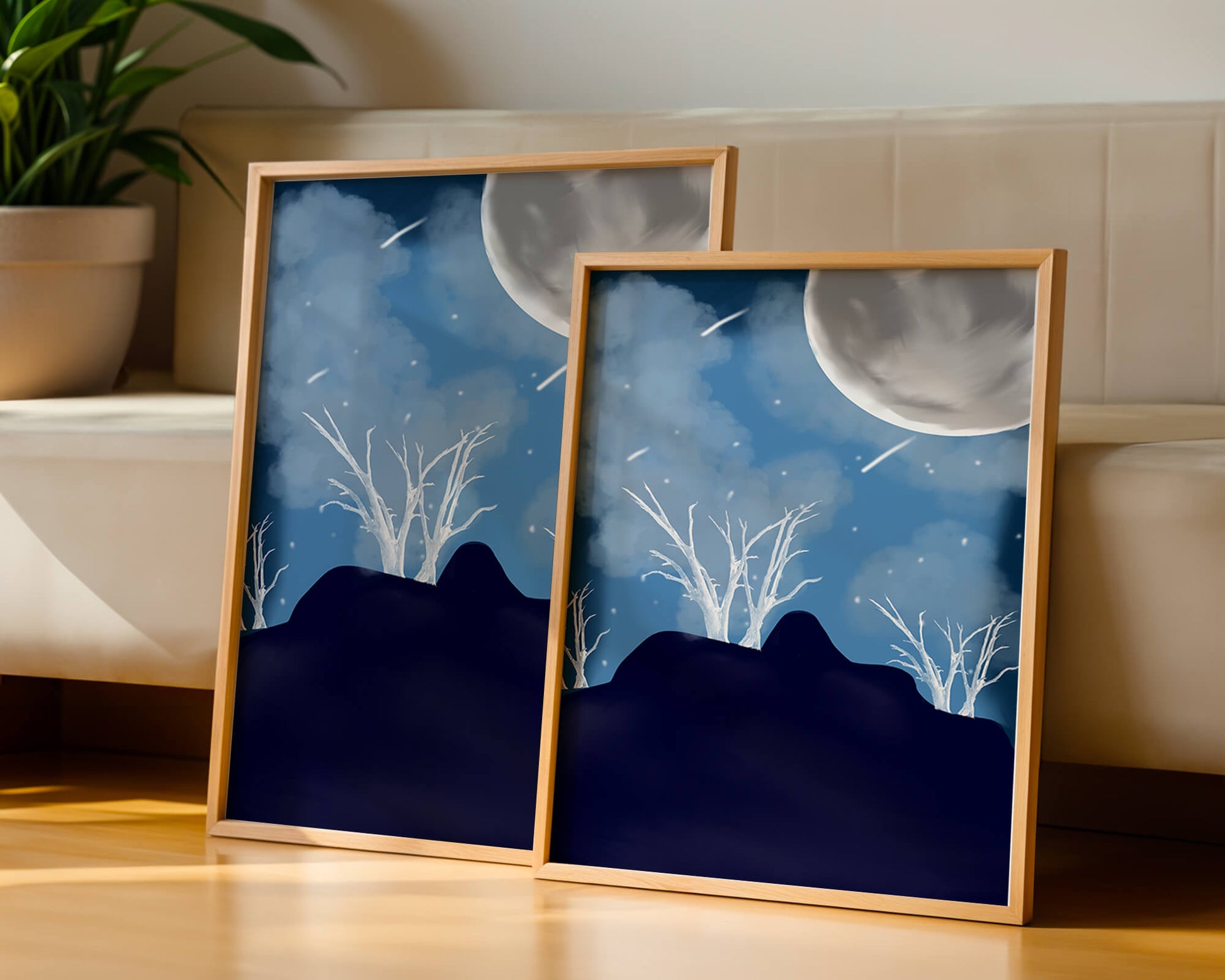Winter Night Landscape with Bare Trees and Full Moon