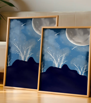 Winter Night Landscape with Bare Trees and Full Moon