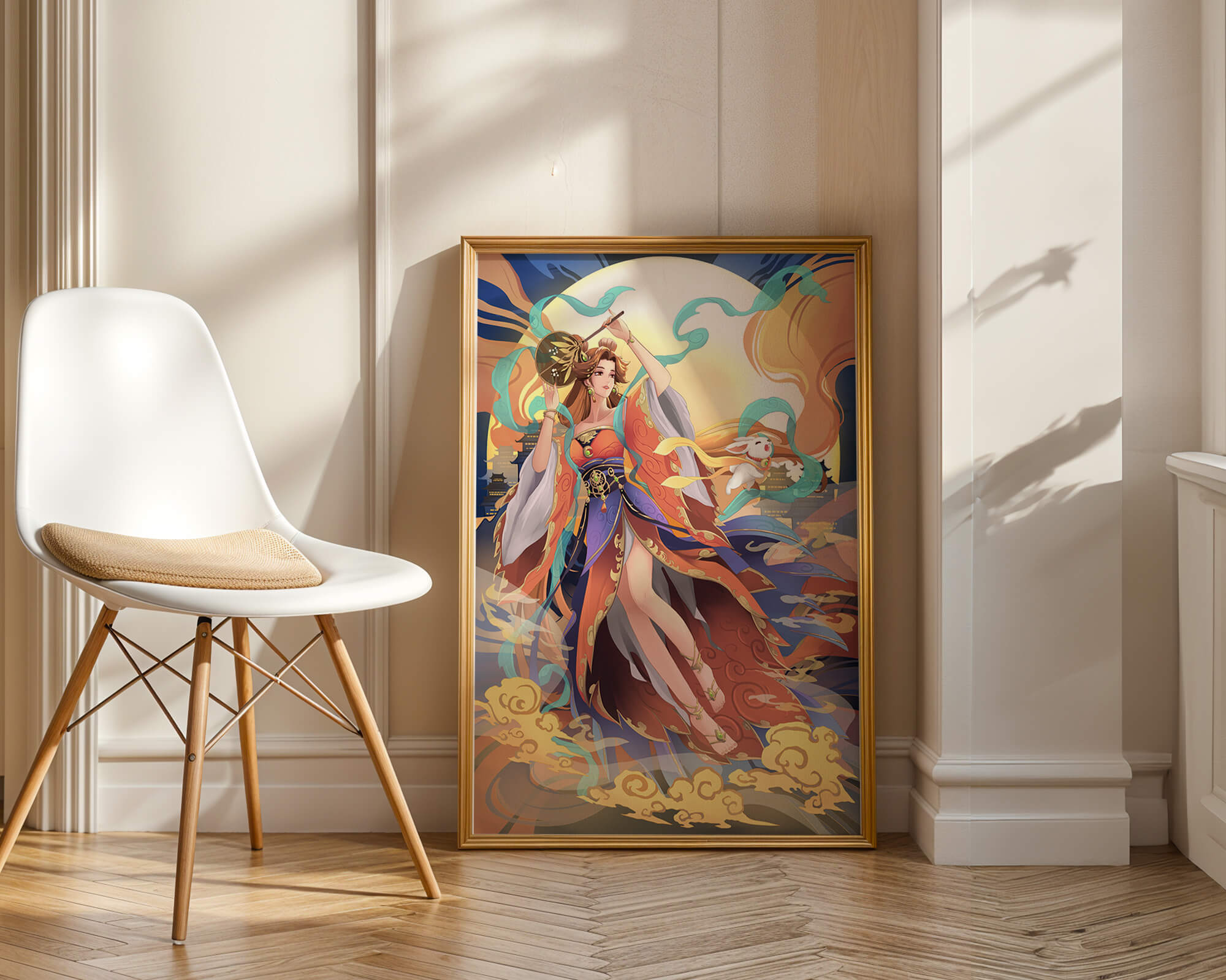 Elegant goddess with flowing robes against a mystical backdrop
