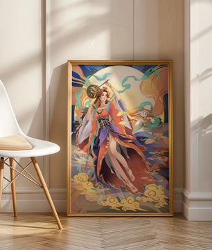 Elegant goddess with flowing robes against a mystical backdrop