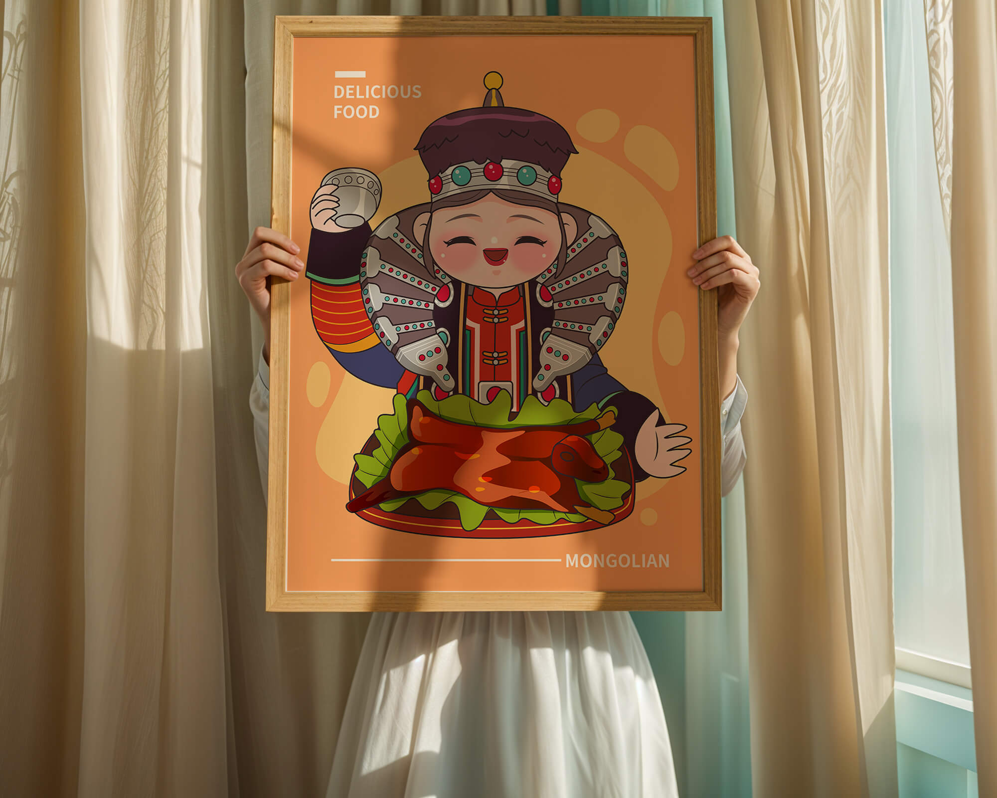 Cartoon character in traditional Mongolian attire with food