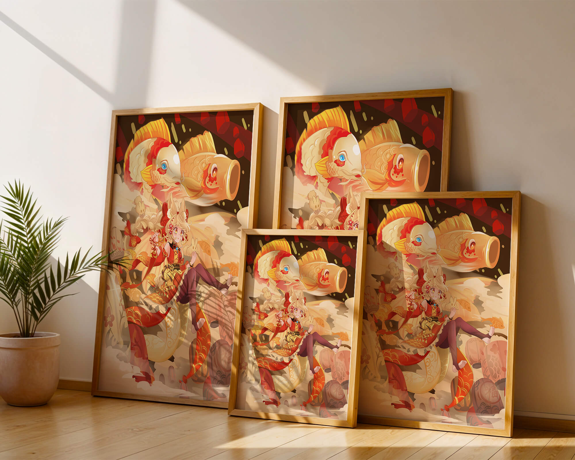 Vibrant anime character with mythical koi fishes and lanterns in dynamic scene