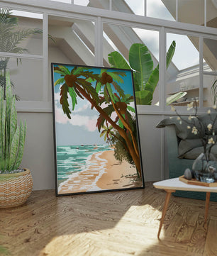 Tranquil Beach Scene with Palm Trees and Sailboats