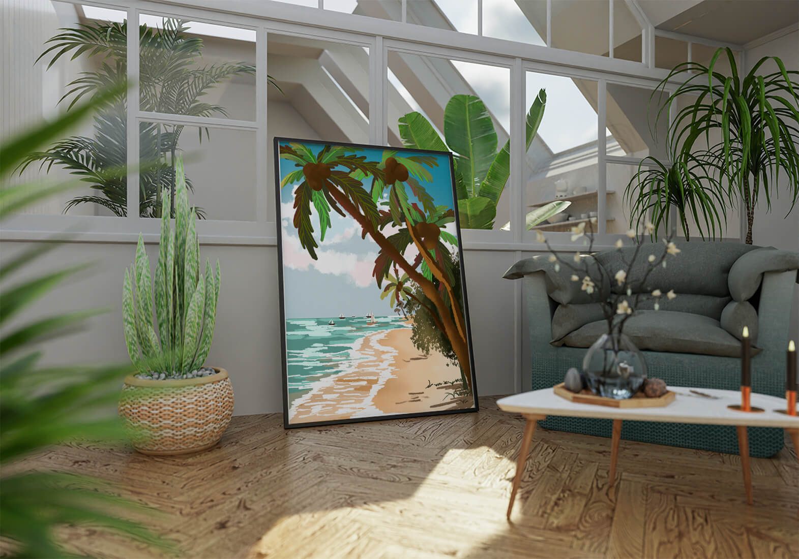 Tranquil Beach Scene with Palm Trees and Sailboats