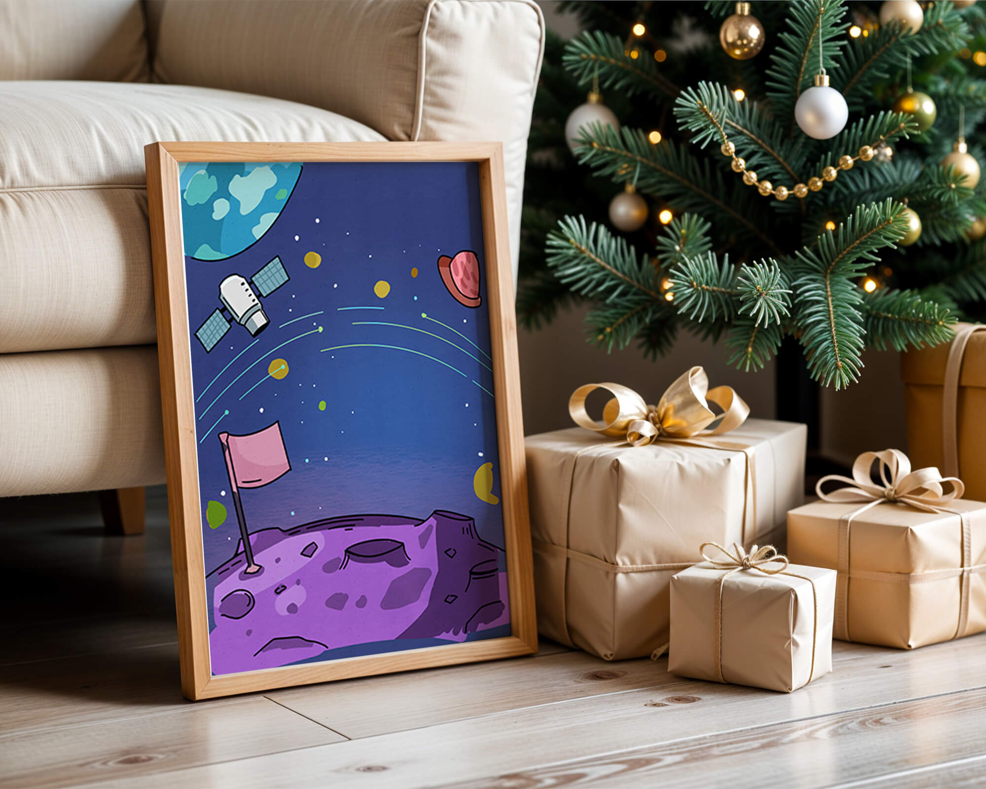 Illustration of outer space scene with planets and satellite