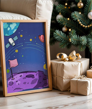Illustration of outer space scene with planets and satellite