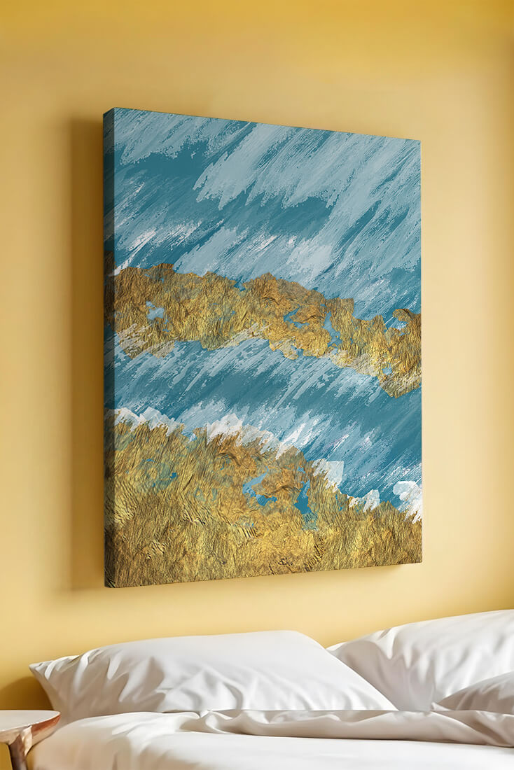 Abstract painting with gold texture and blue background
