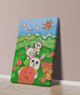 Illustration de lapins espiègles avec des carottes dans un champ ensoleillé