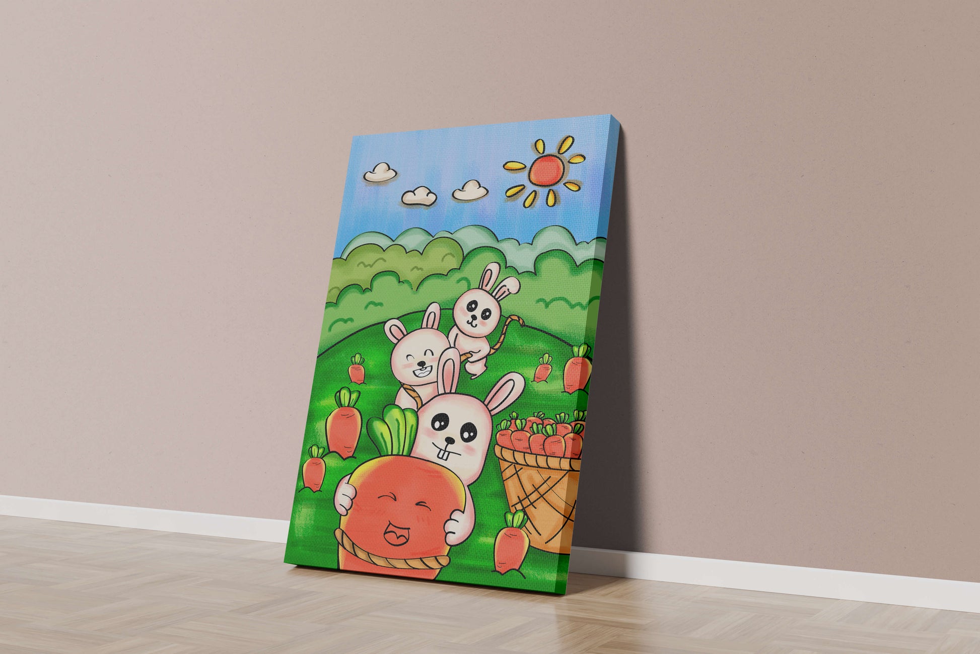 Illustration de lapins espiègles avec des carottes dans un champ ensoleillé