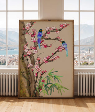 Illustration sereine d’oiseaux sur des branches en fleurs avec des feuilles de bambou