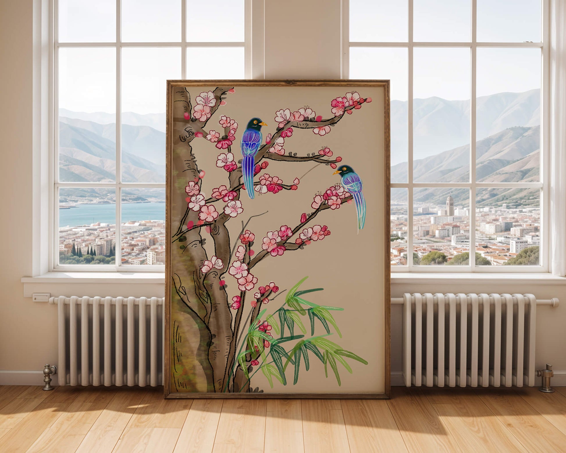 Illustration sereine d’oiseaux sur des branches en fleurs avec des feuilles de bambou