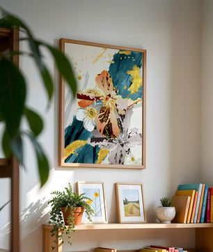 Obra de arte floral abstracta elegante con detalles dorados