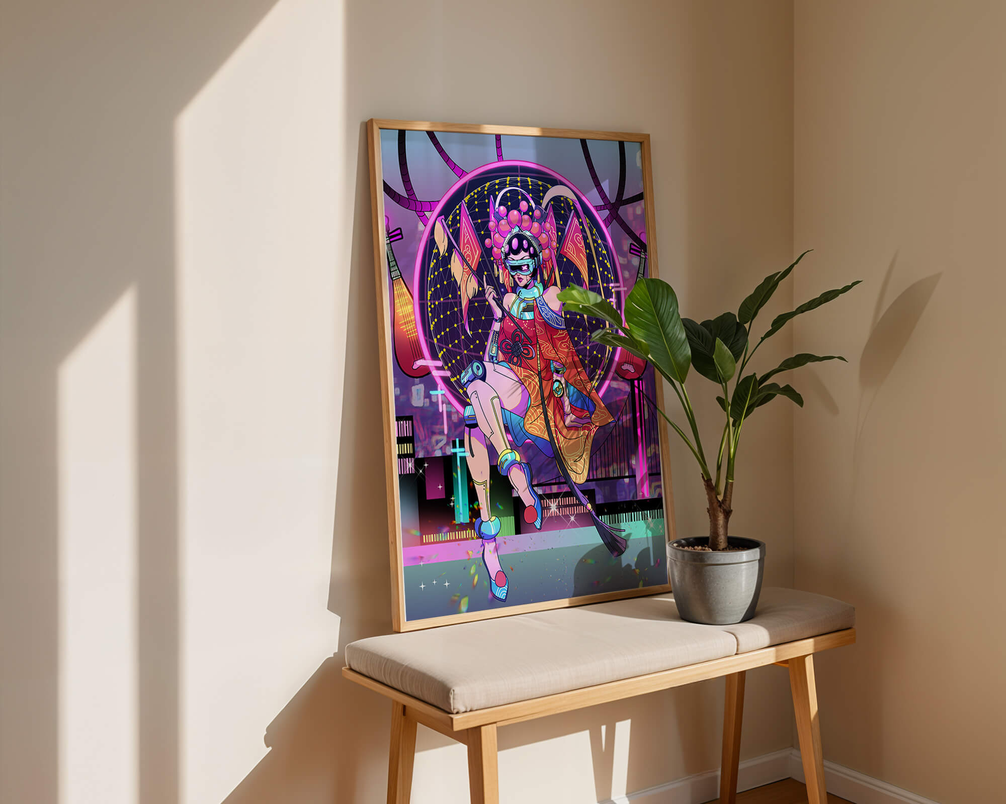 Futuristic geisha with neon lights and traditional elements