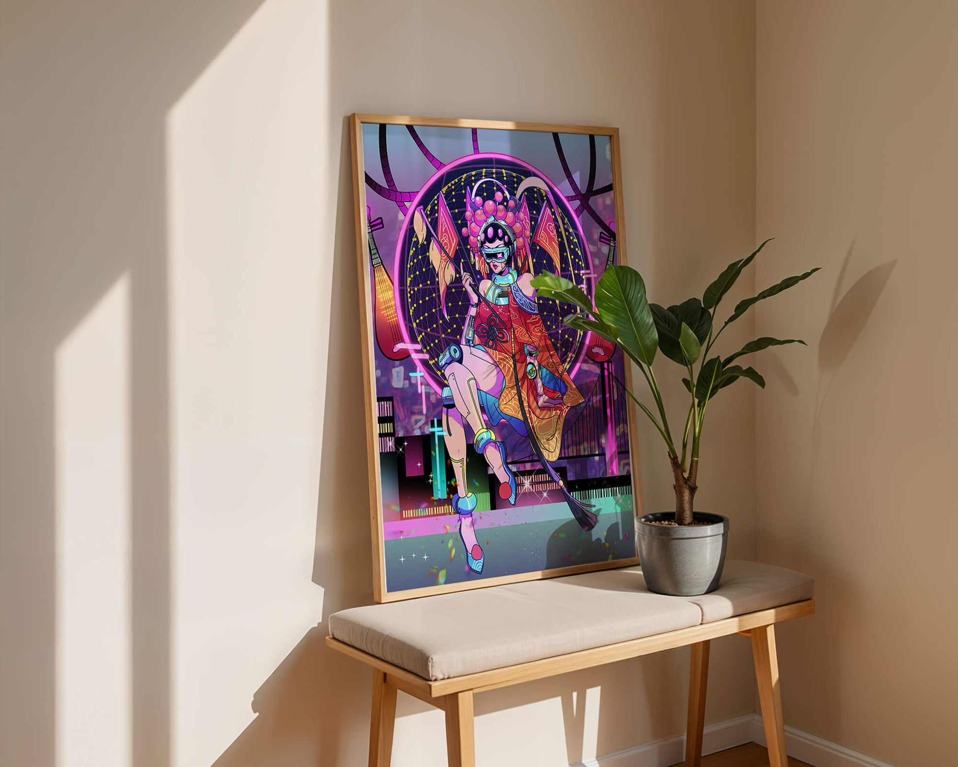 Futuristic geisha with neon lights and traditional elements