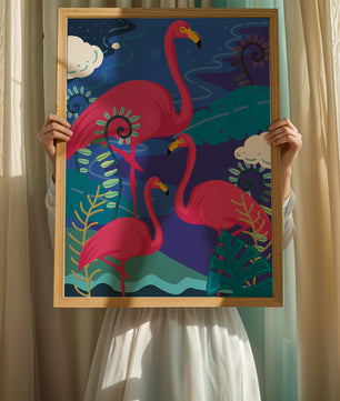 Colorful illustration of flamingos in a tropical setting