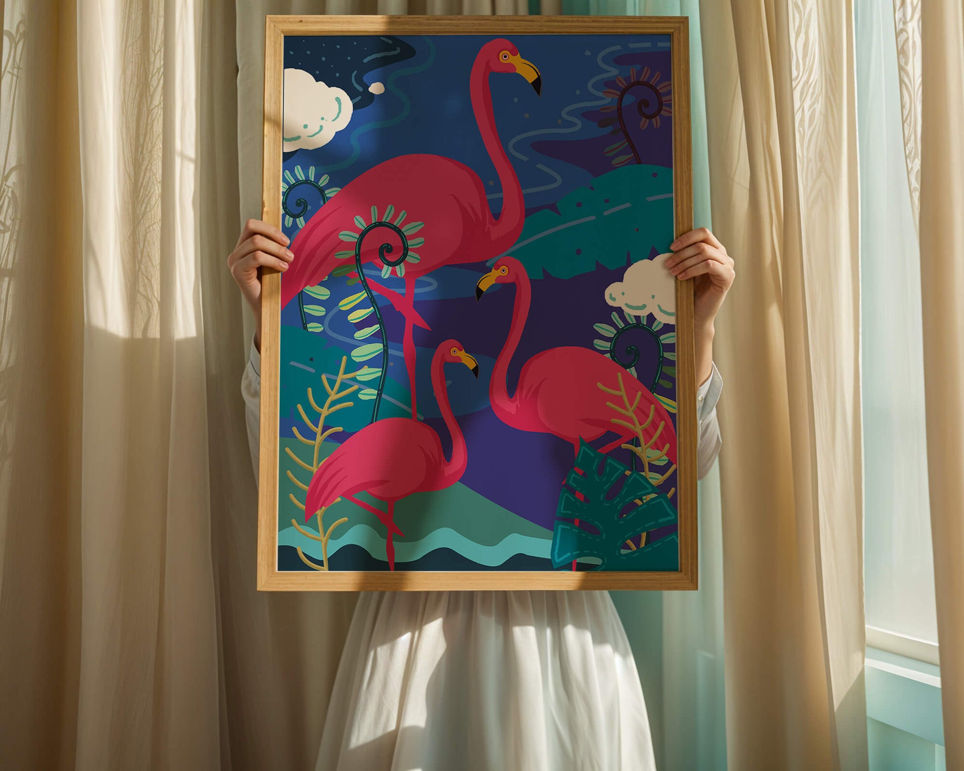 Colorful illustration of flamingos in a tropical setting
