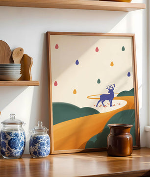 Colorful abstract deer illustration within a serene landscape