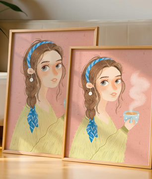 Illustration d'une fille avec un bandeau tenant une tasse fumante