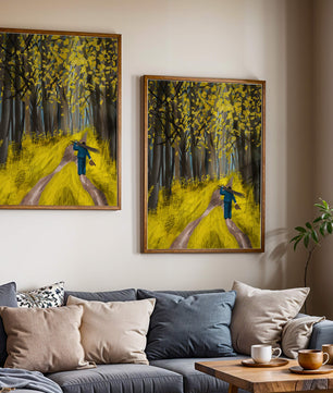 Man Walking Through a Sunny Forest with Golden Leaves