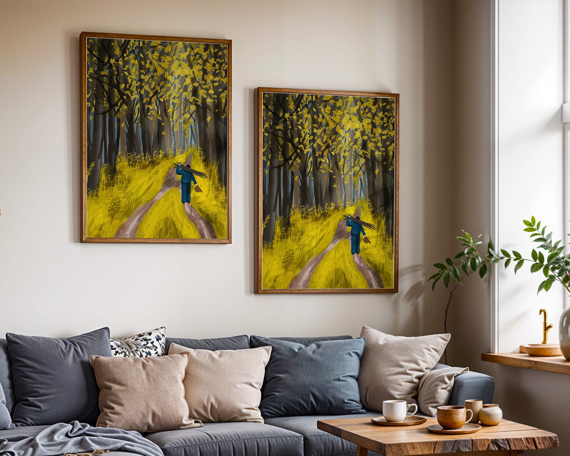 Man Walking Through a Sunny Forest with Golden Leaves