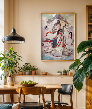 Elegant Asian Artistry with a Crane and Traditional Attire