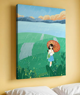 Girl with Umbrella in Rainy Meadow