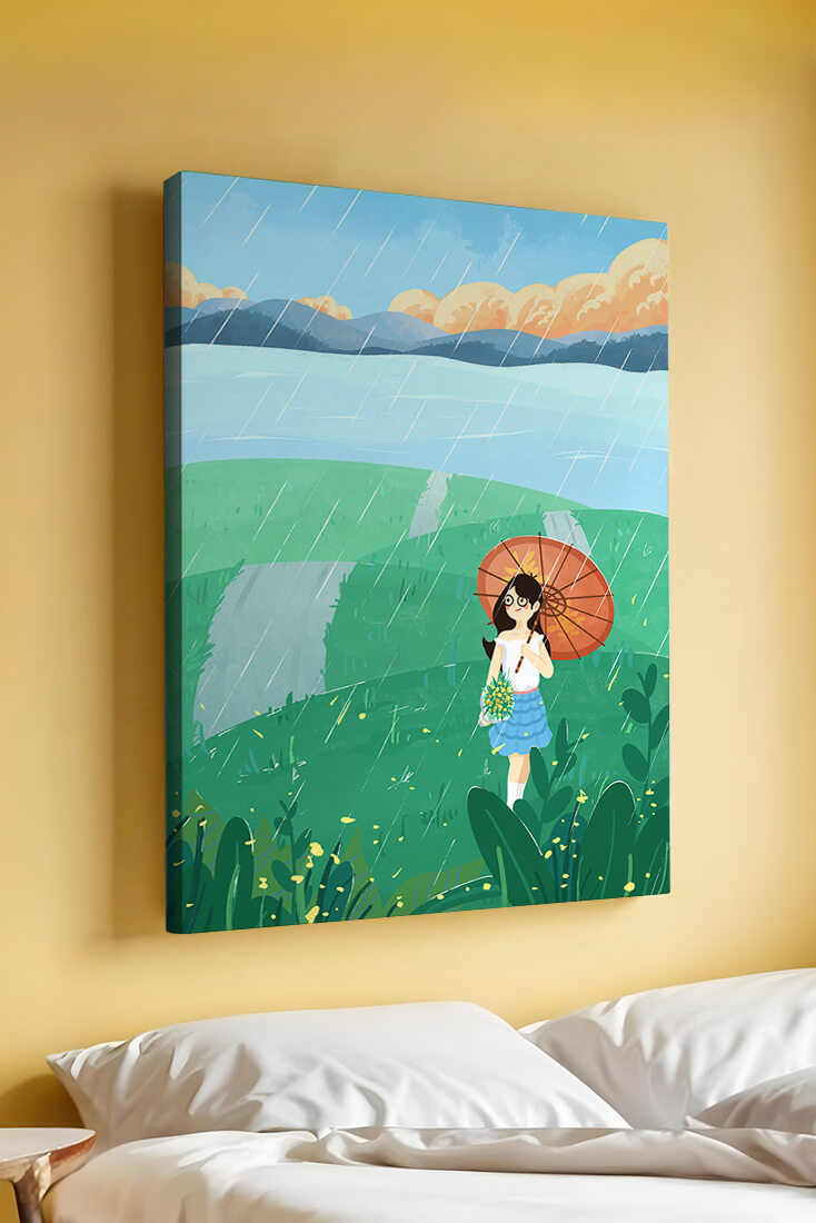 Girl with Umbrella in Rainy Meadow