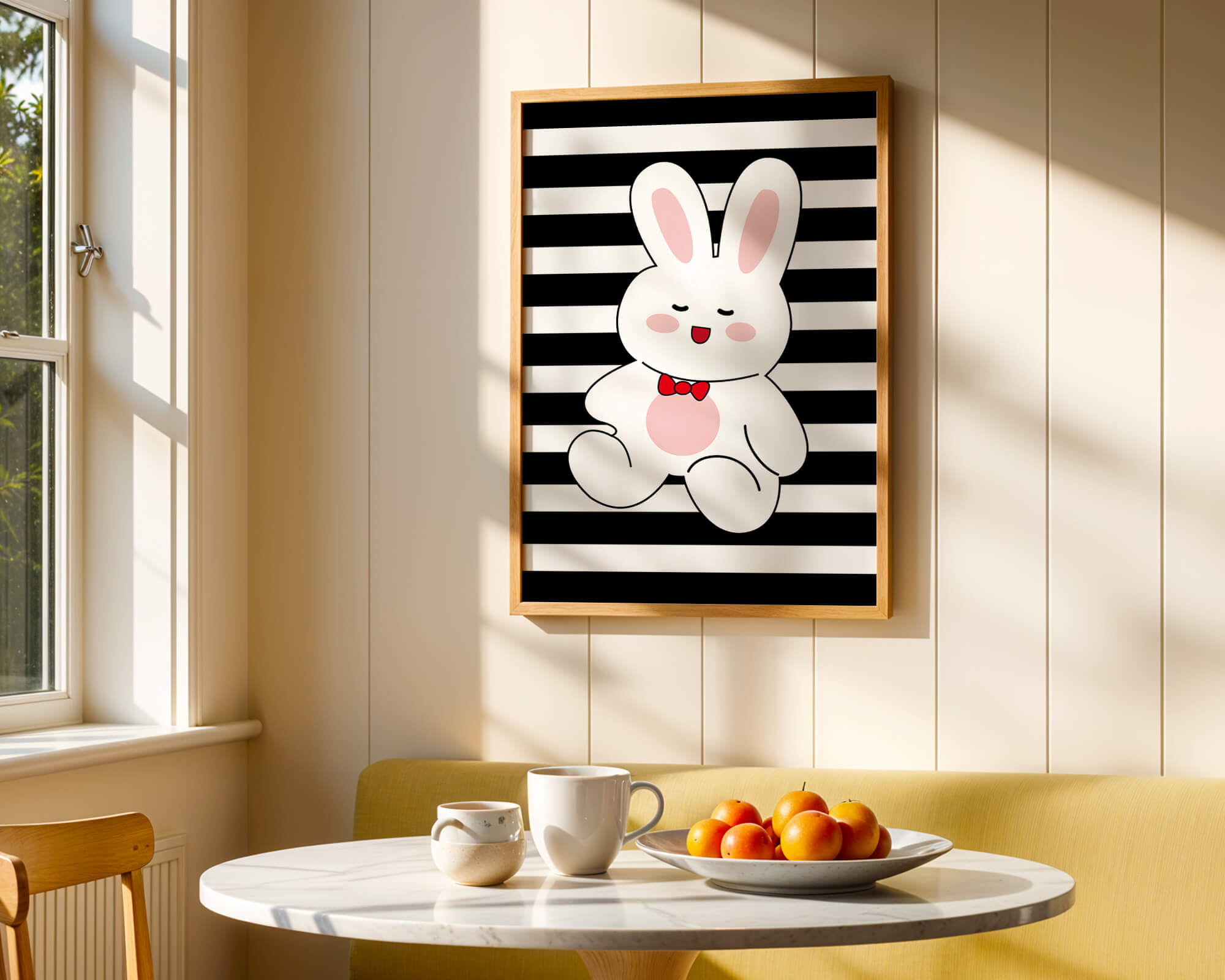 Adorable cartoon bunny with bold stripes and a red bow tie