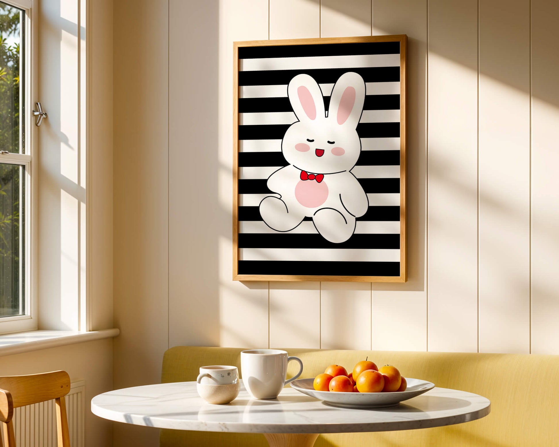 Adorable cartoon bunny with bold stripes and a red bow tie