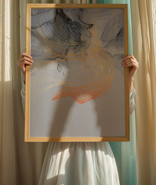 Elegantes abstraktes Design mit fließenden goldenen und orangefarbenen Linien auf blauem Hintergrund
