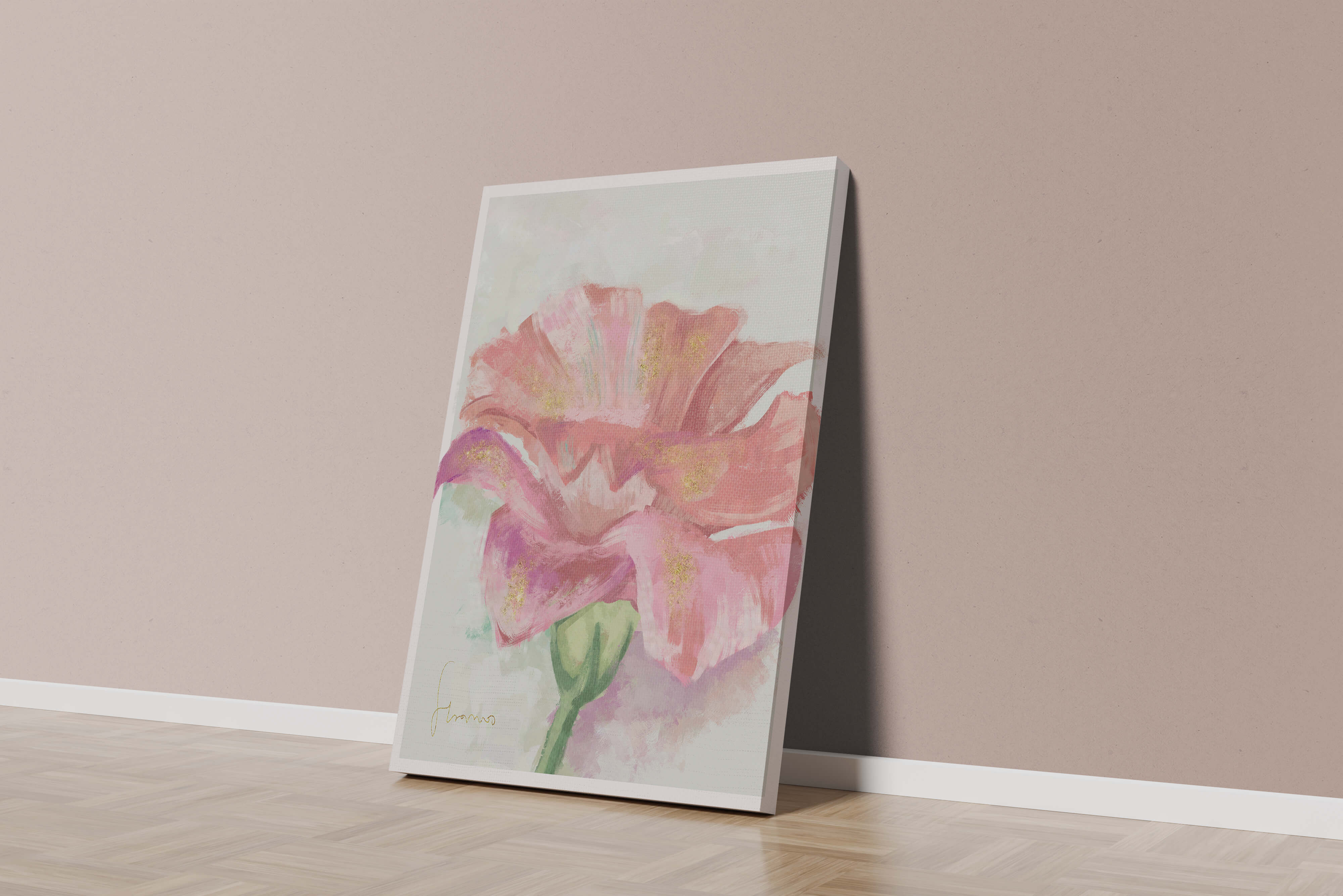 Vibrant pink flower with golden accents in abstract style