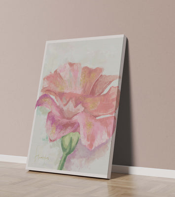 Vibrant pink flower with golden accents in abstract style