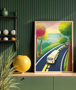 Scenic Road Trip with Vibrant Trees and Sunset